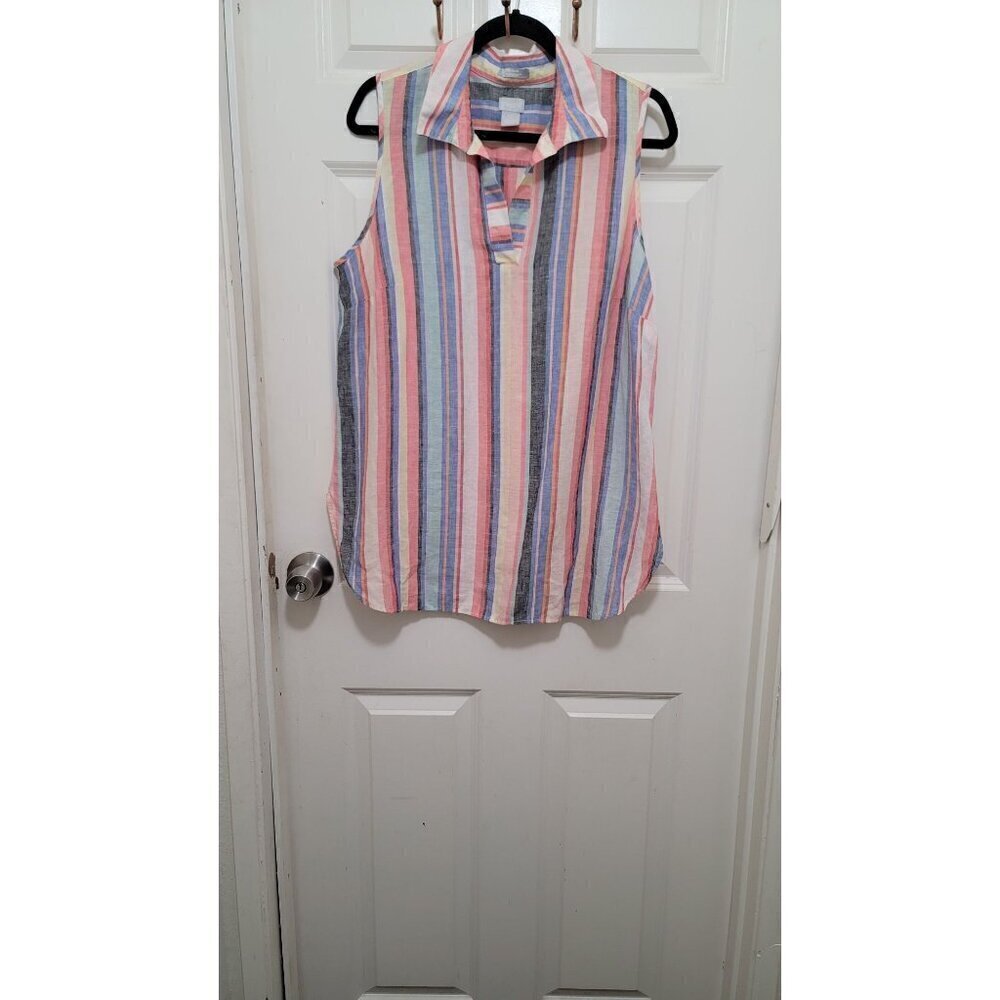 Chico's Sleeveless Linen Tunic Top Womens 1.5 Size 10 Multicolor Striped V-Neck